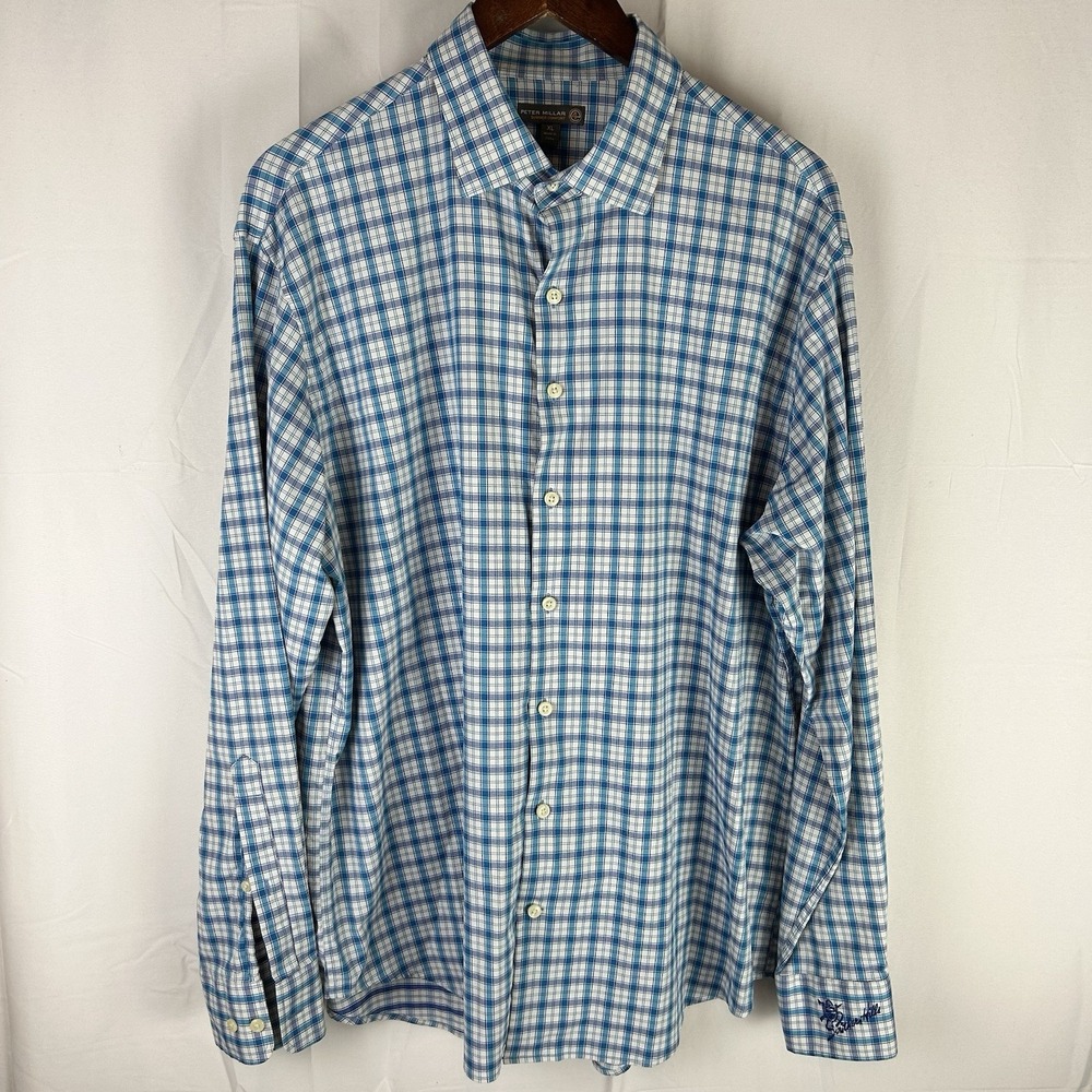 PETER‎ MILLAR Summer Comfort Men's Blue Check Plaid Shirt Size XL Southern Hills